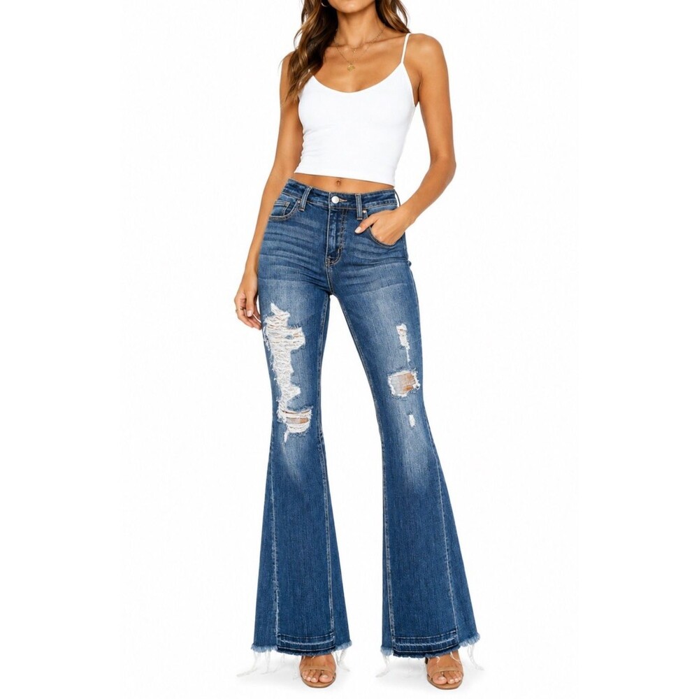 Y2K Style Western Boho Flare Bell Jeans Thrashed Stretch Womens 26 X 33 Chic